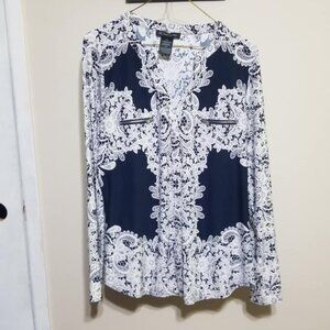 INC Tunic Top Navy White Large Business Casual Classy Elegant NWOT